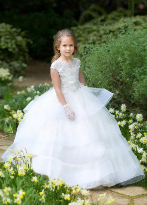 Beaded Neck Ivory Lace Tulle Flower Girl Dress With Horsehair Trim